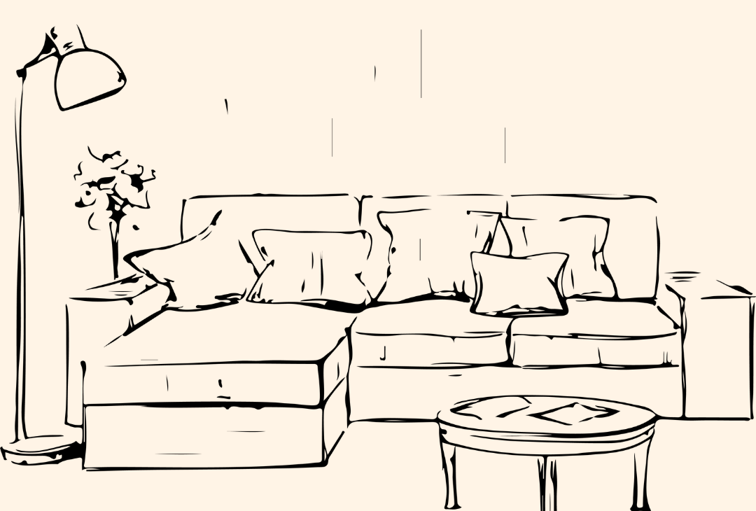 Line drawing of a warm living room with a sofa
